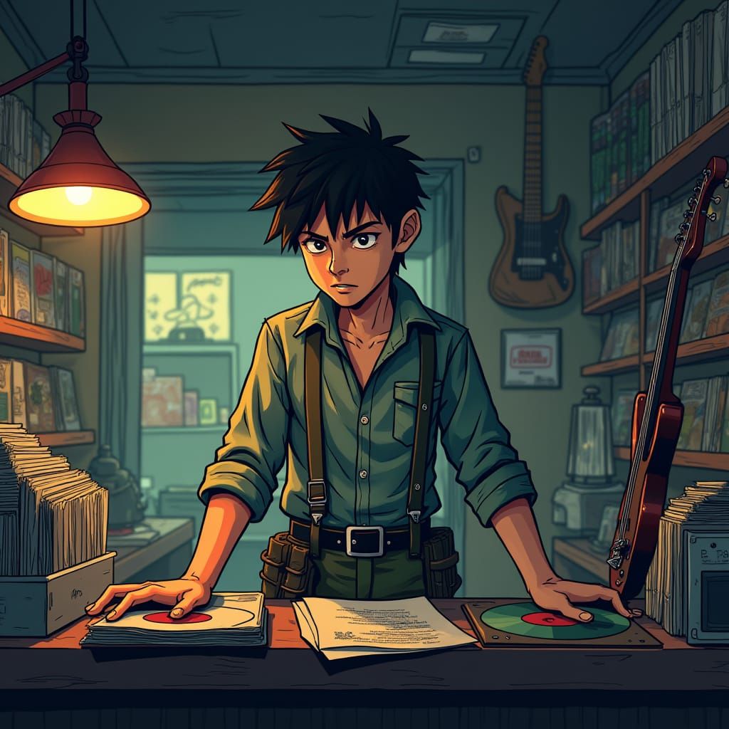 Grizzled Veteran Music Store Clerk in Manga Style