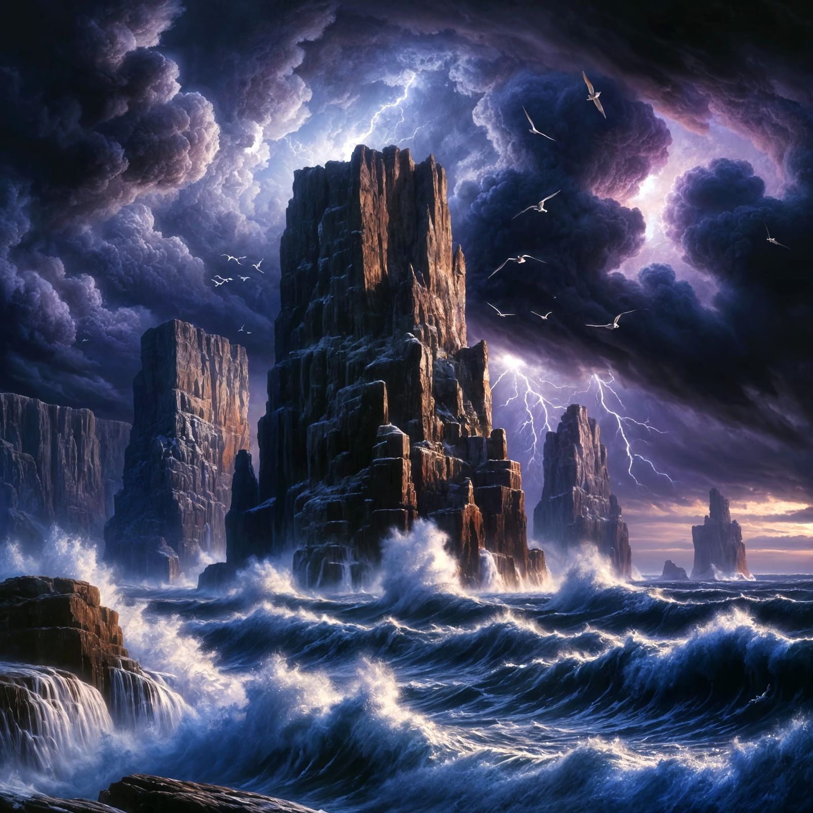 Dramatic Coastal Cliffs in Twilight Storm
