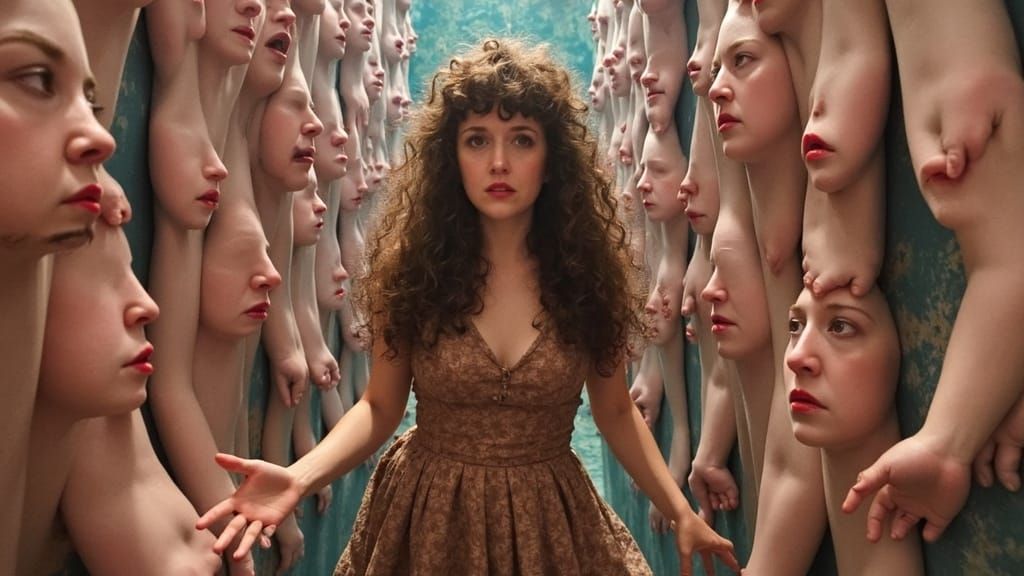 A surreal labyrinth with walls made entirely of large, expre...