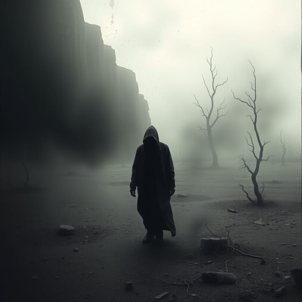 Dark Figure in Desolate Surreal Landscape