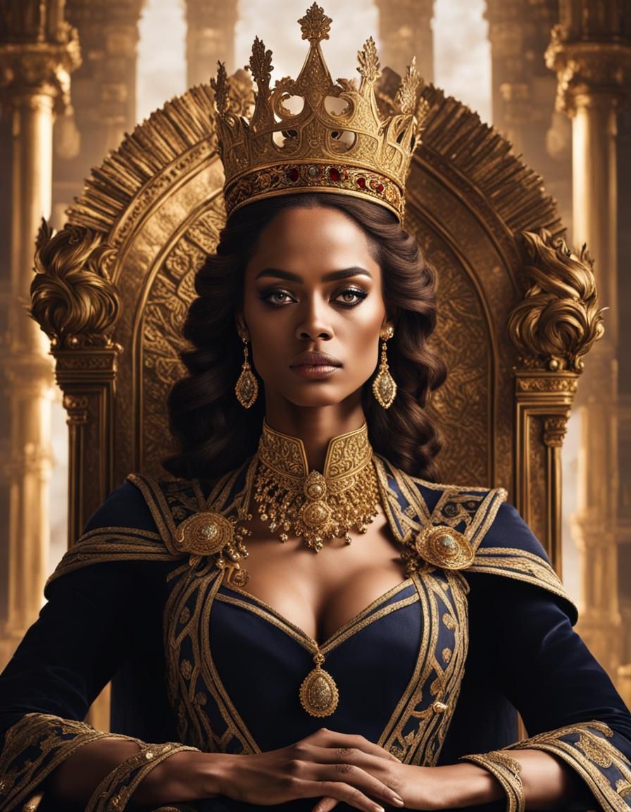 Bored Queen with Gold Jewelry on Throne