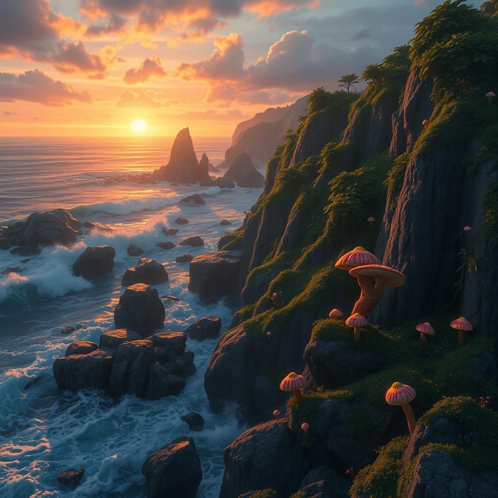 Surreal Pacific Coast at Sunset, in Cyberpunk Fantasy Style