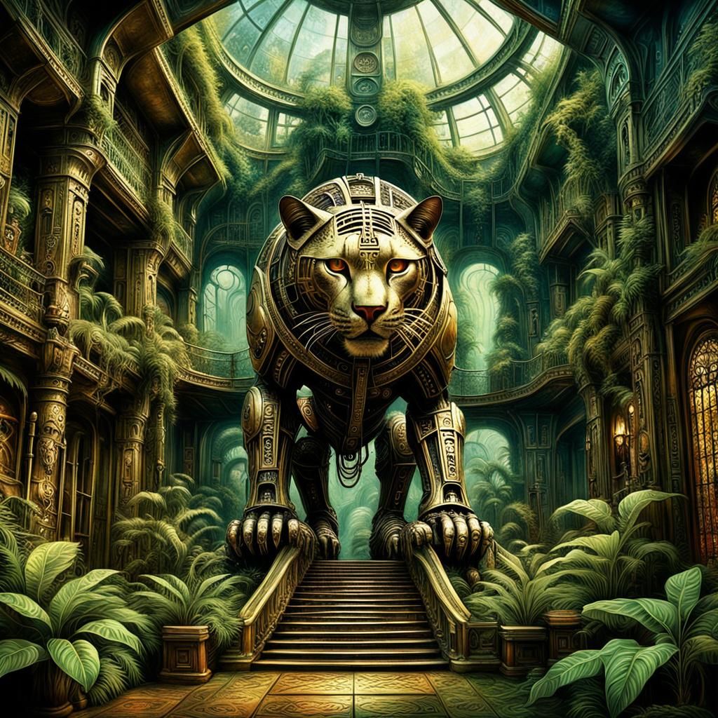Lush Brass Atrium with Colossal Felines