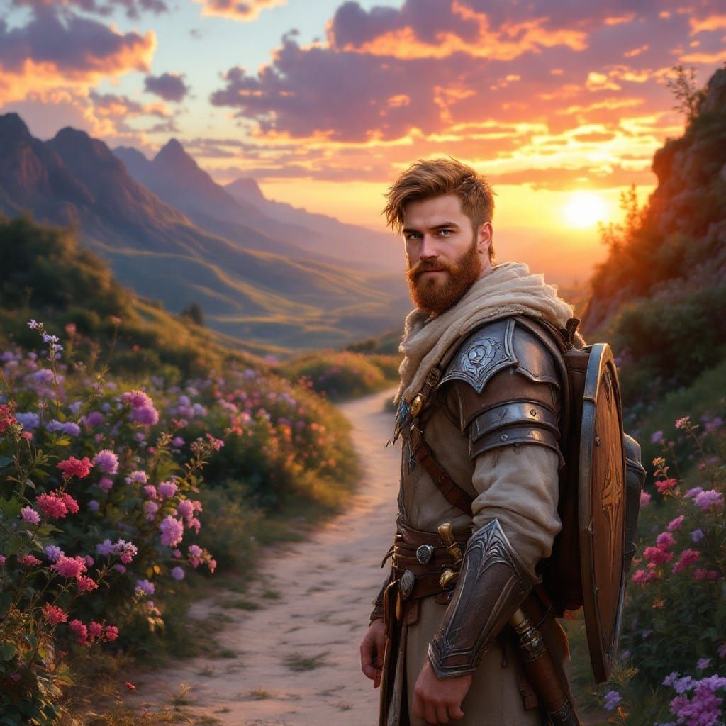 Heroic Paladin Stands Amidst Vibrant Sunset