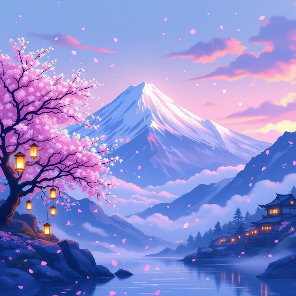 Ice Mountain Concert Under Pastel Sky with Cherry Blossoms