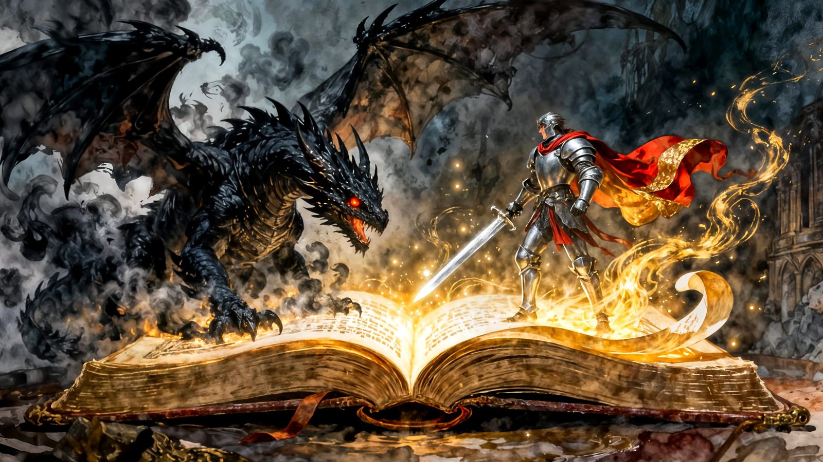 Ancient Book Unleashes Dragon and Knight in Epic Fantasy Bat...