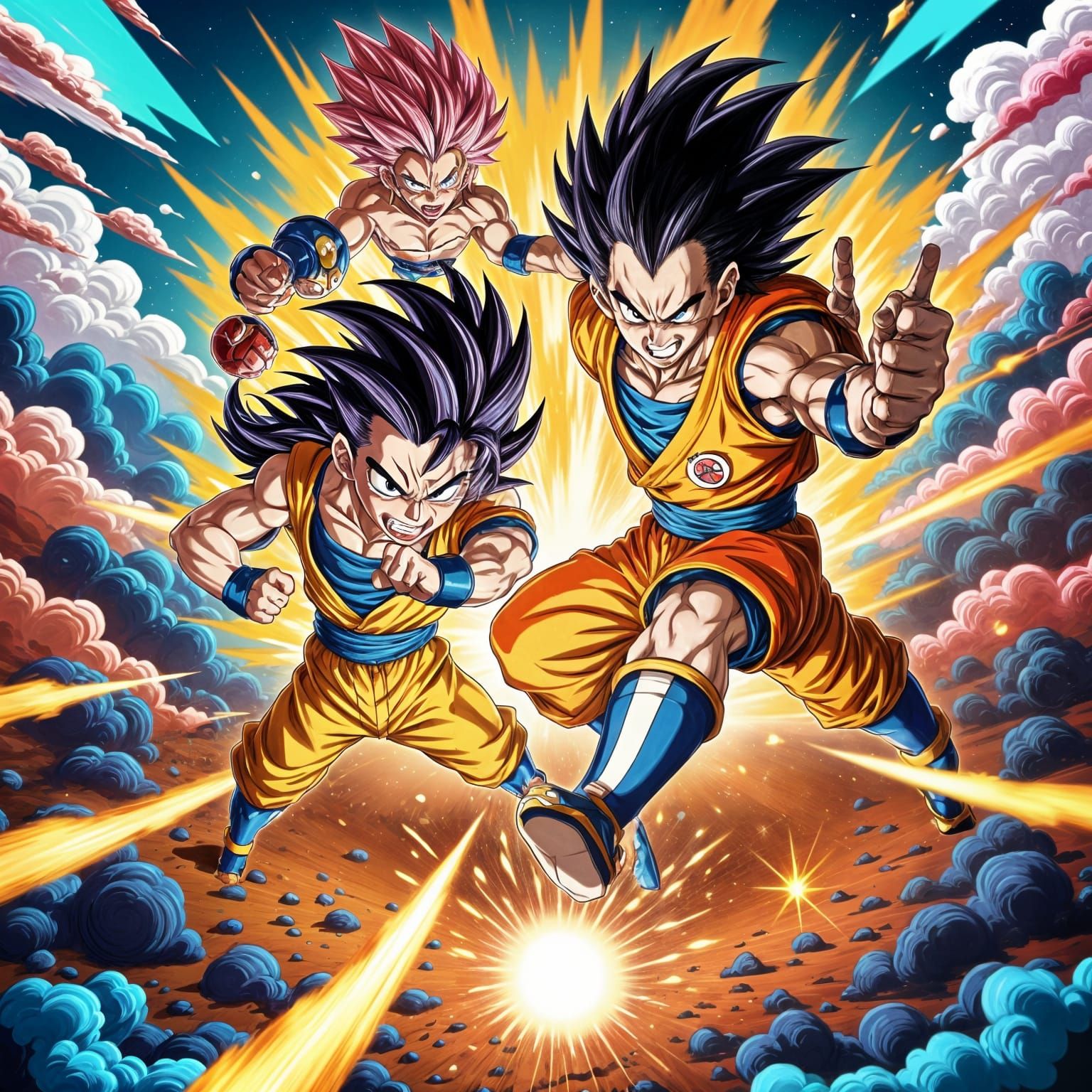 Vibrant Anime Battle with Strange Characters in Dynamic Pose...