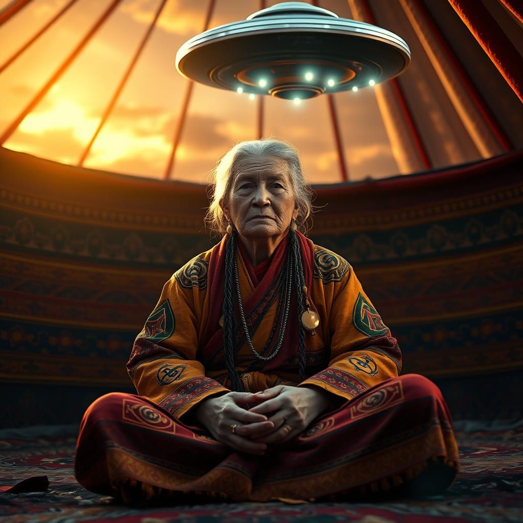 Mystical Shamaness Gazing Up at Celestial Vessel