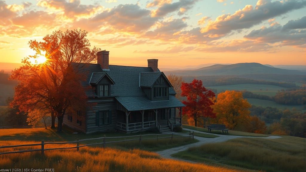 Farmhouse in Autumn Landscape with Golden Sunset