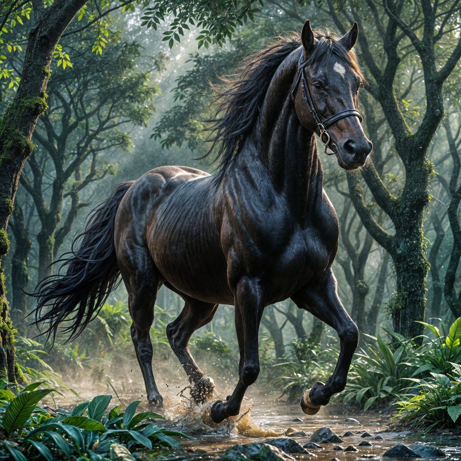 Hyperrealistic Fresian Horse Runs in Rainforest