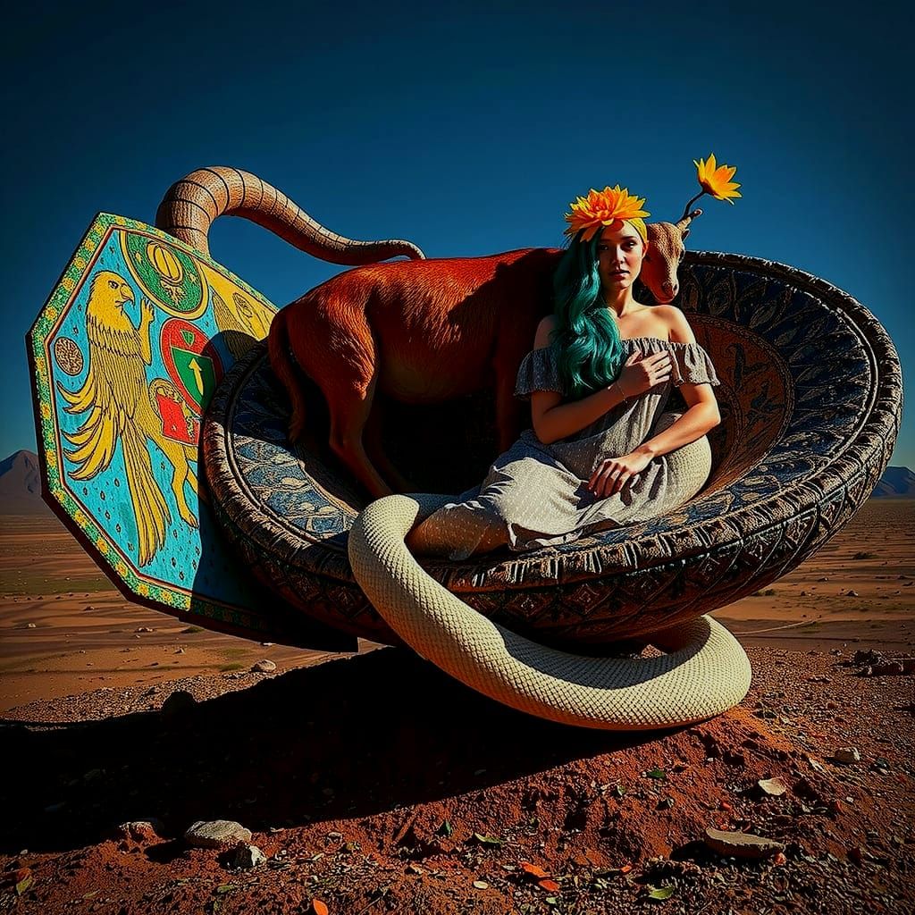 Mythical Chimera with Teal Hair and Yellow Flower in Cosmic ...