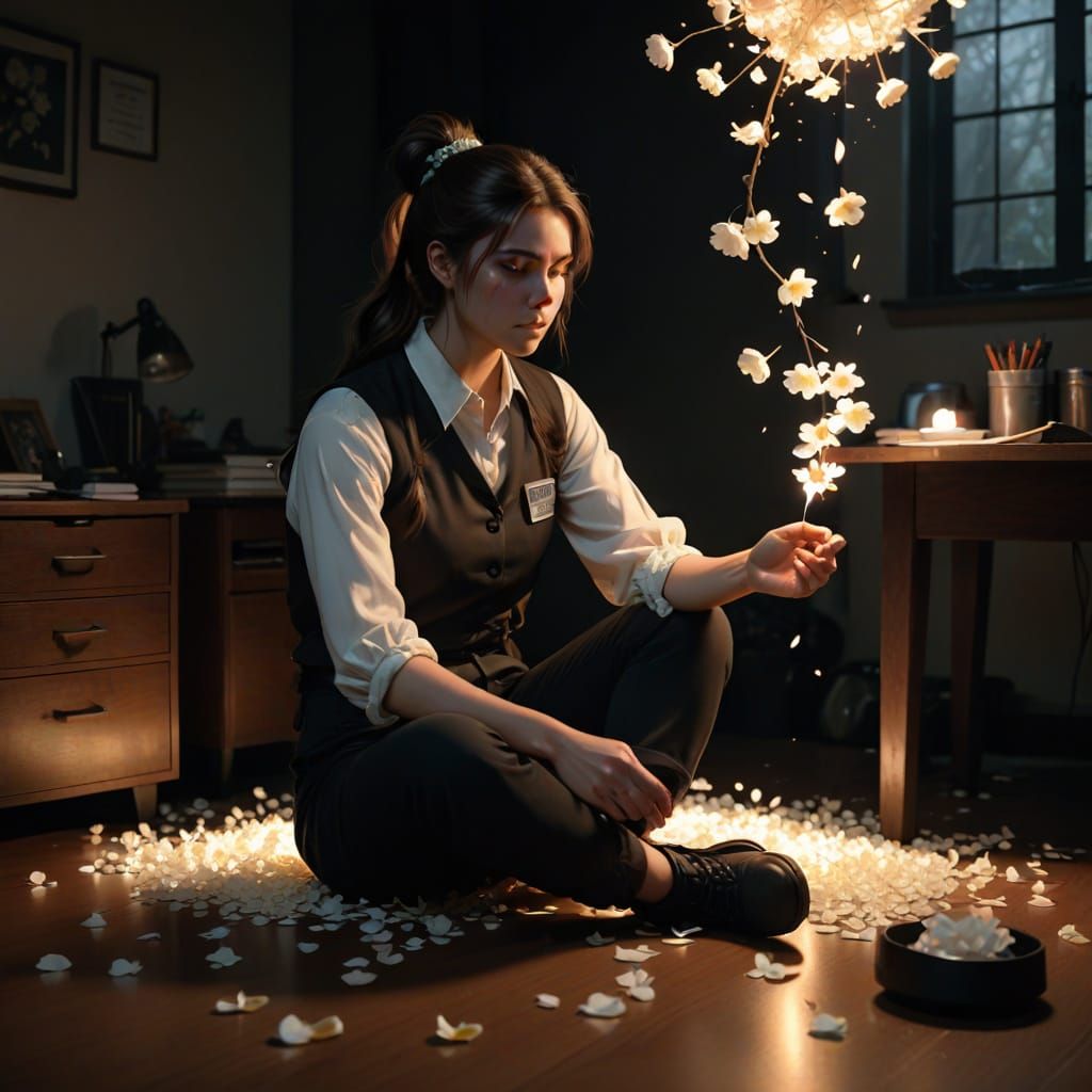 Girl with Fire Magic and Flower Petals