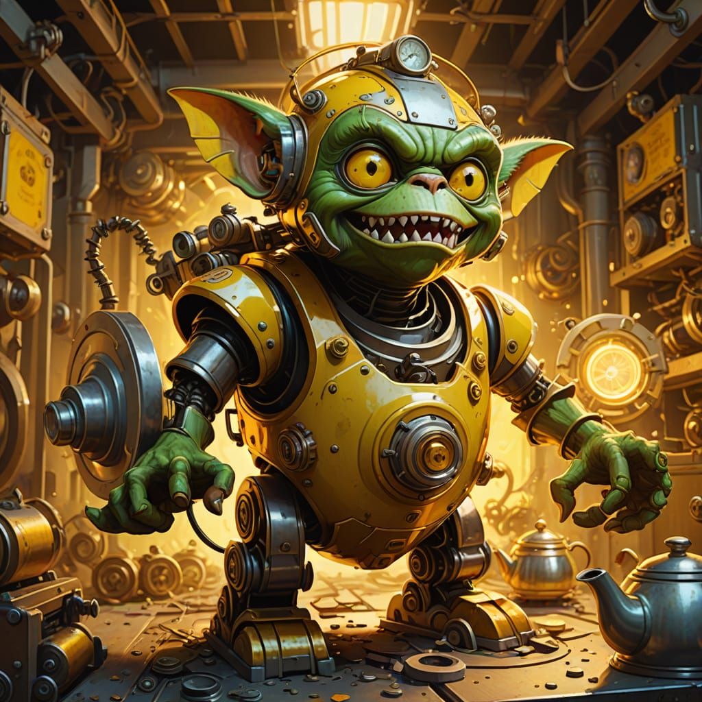 Gremlin Chaos in Packaging Factory, Whimsical Art Style