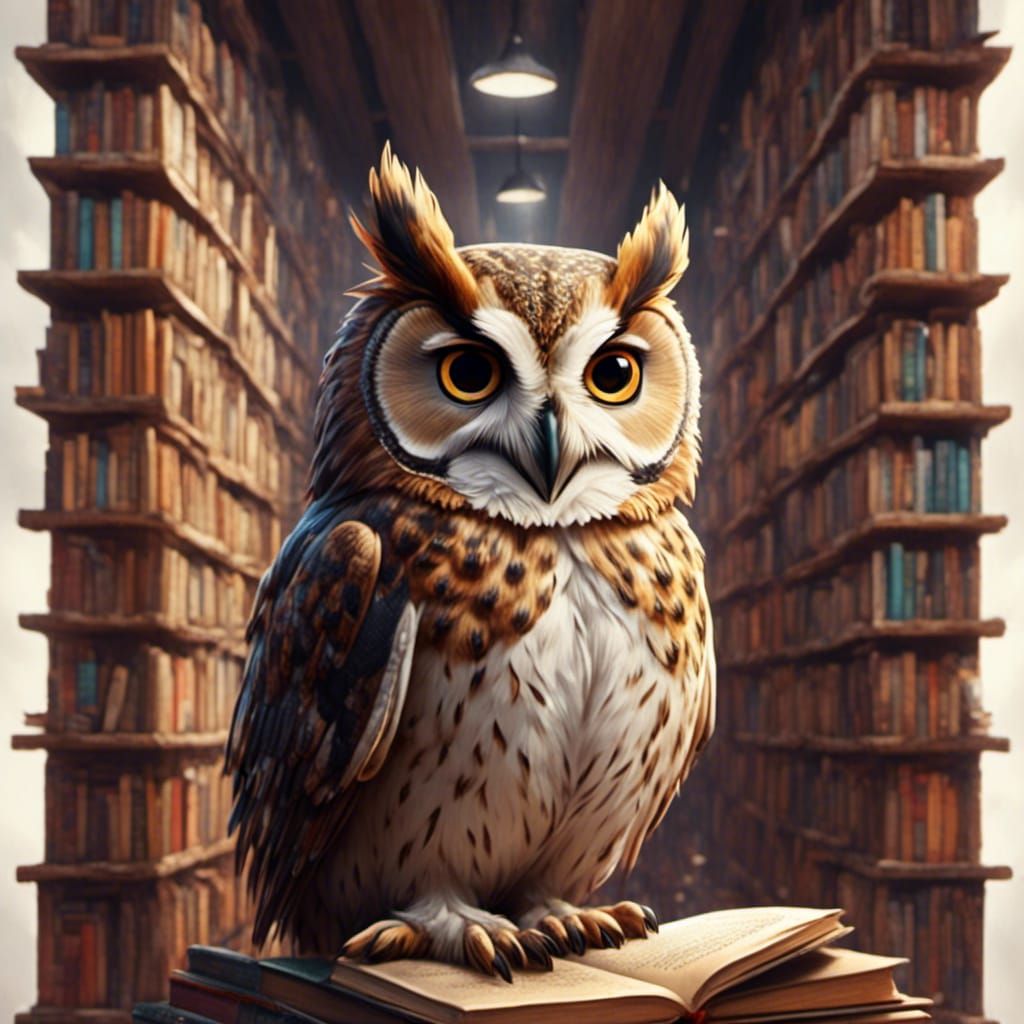 Whimsical Owl in Library Bookstacks