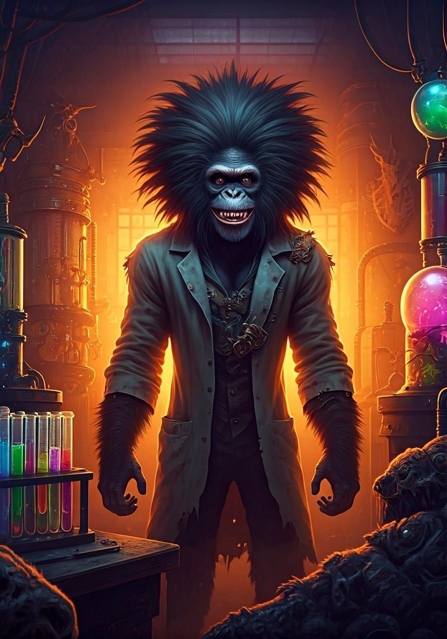 Mad Ape Scientist Unleashes Chaos in Steampunk Laboratory