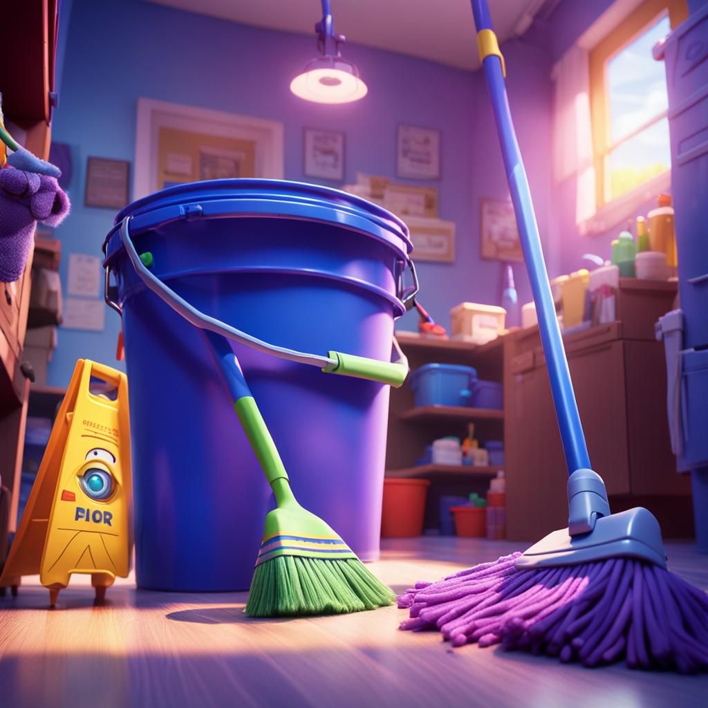 Bucket and Mop Face-Off: Pixar-Style 3D Animation
