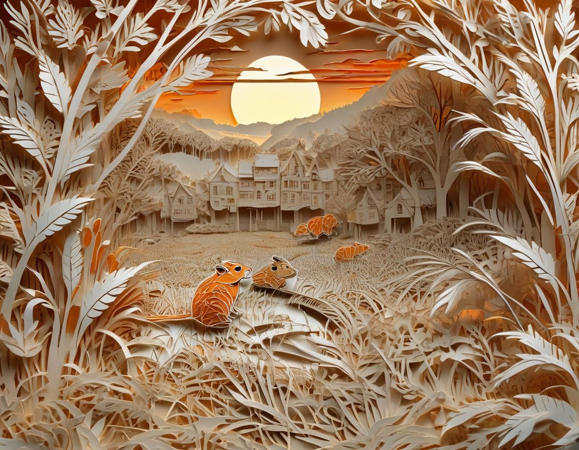 Hamsters in Wheat Field as Kirigami Paper Art