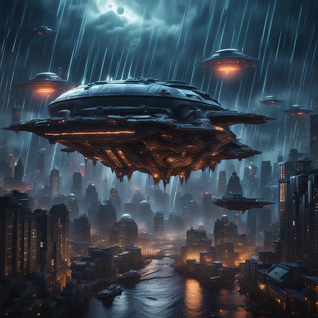 Futuristic Alien Cityscape at Night in the Rain