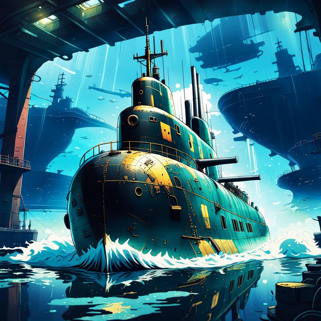 Damaged Submarine in Port: Cinematic Anime Style