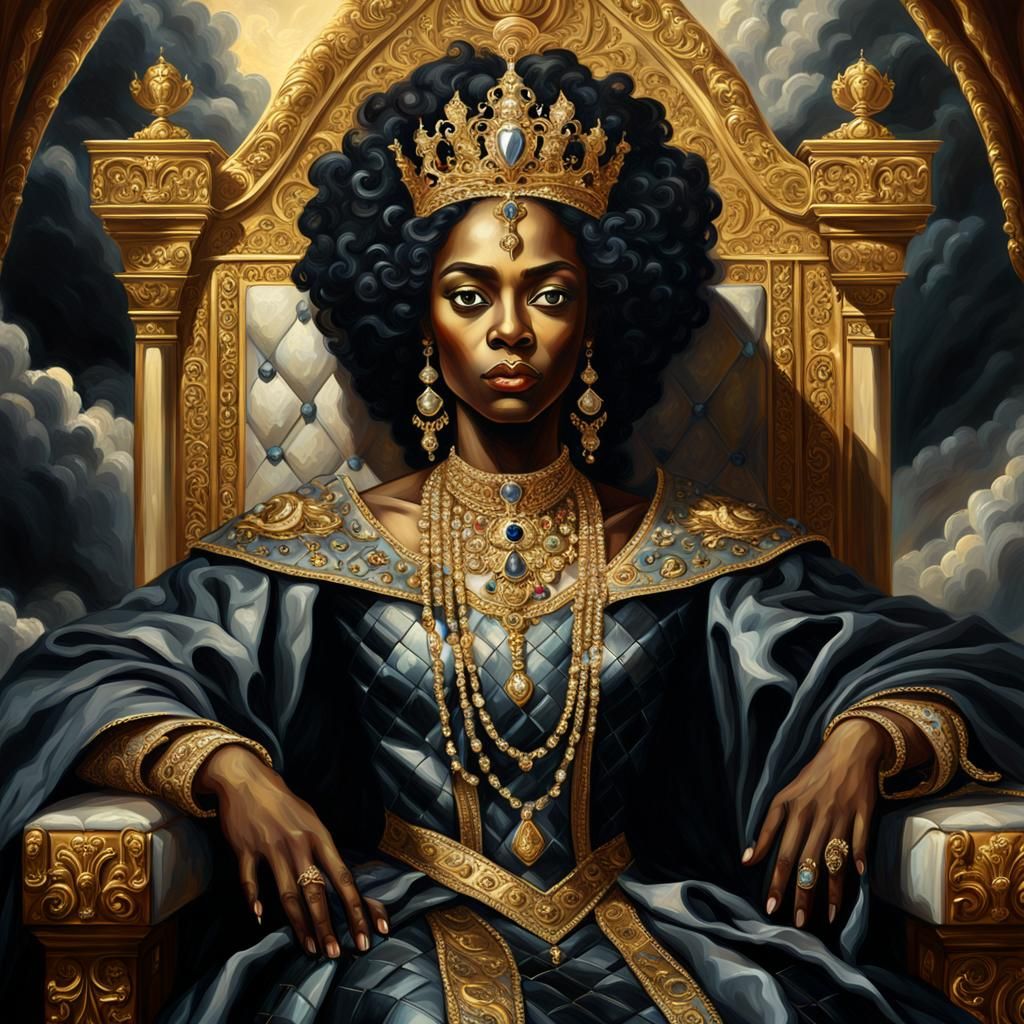 Baroque Oil Painting of a Black Goddess on Throne