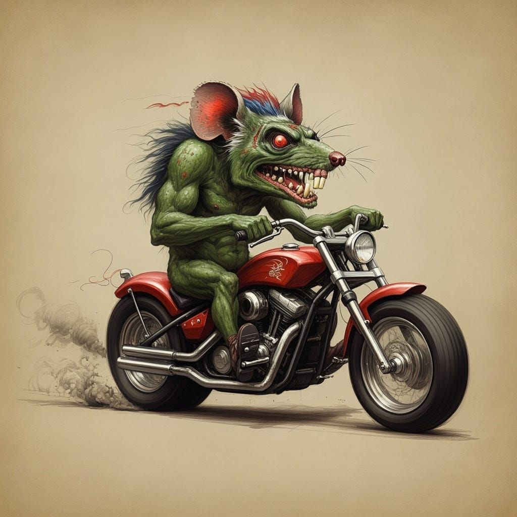 Grotesque 1970s Rodent Monster Rides Motorcycle in Vintage S...