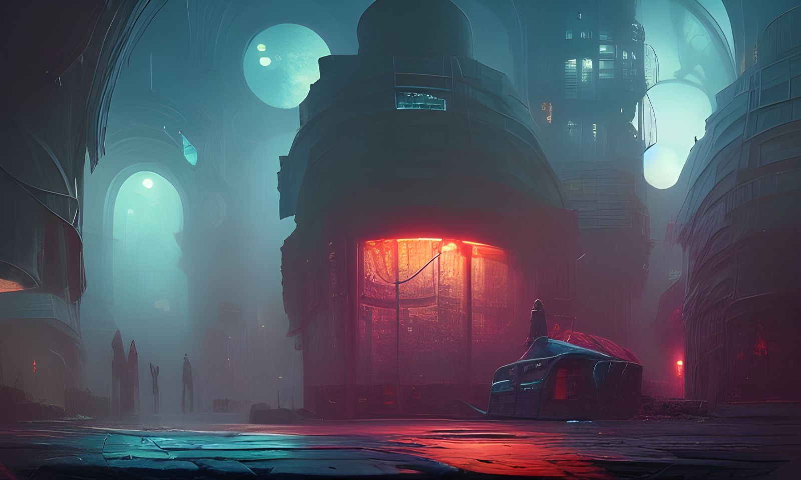 Futuristic Messy Bakery in Ominous Oil Painting Style