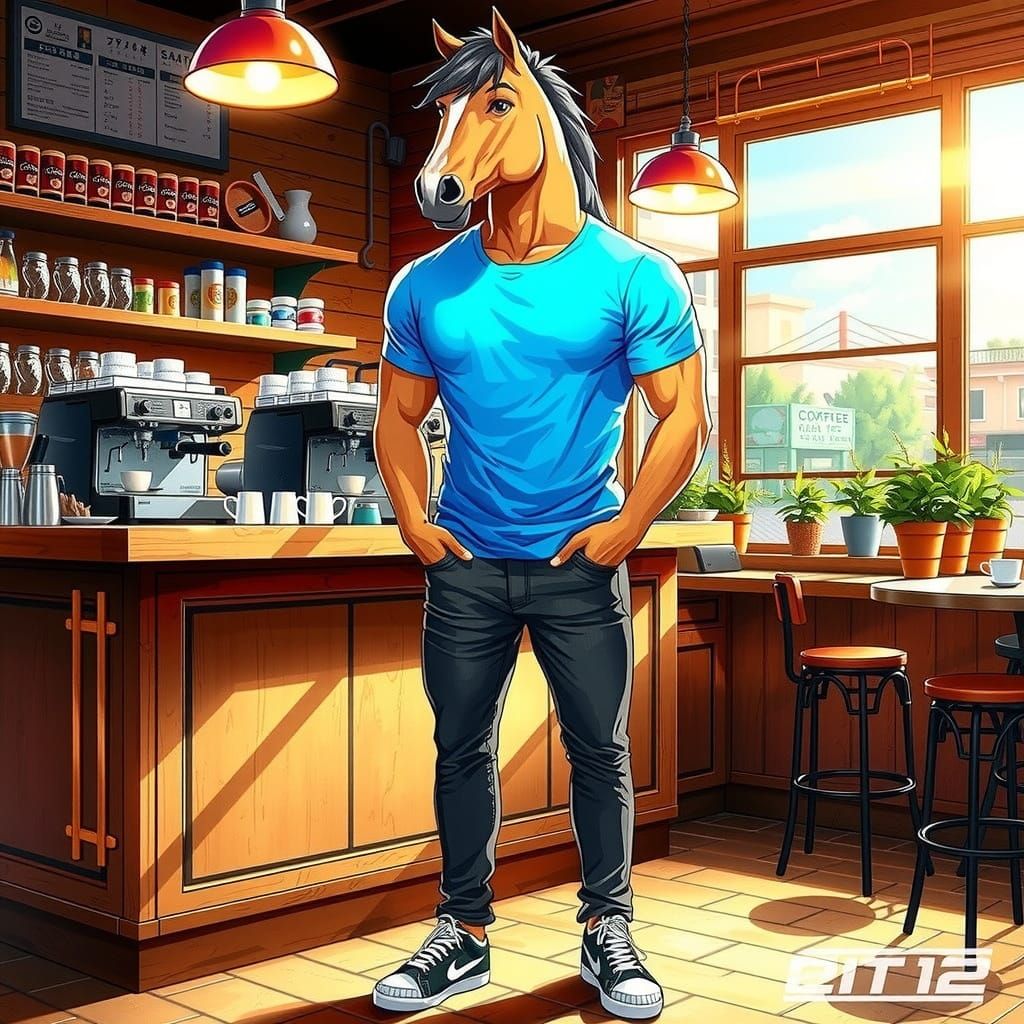 Horse-Headed Barista in Vibrant Anime Style