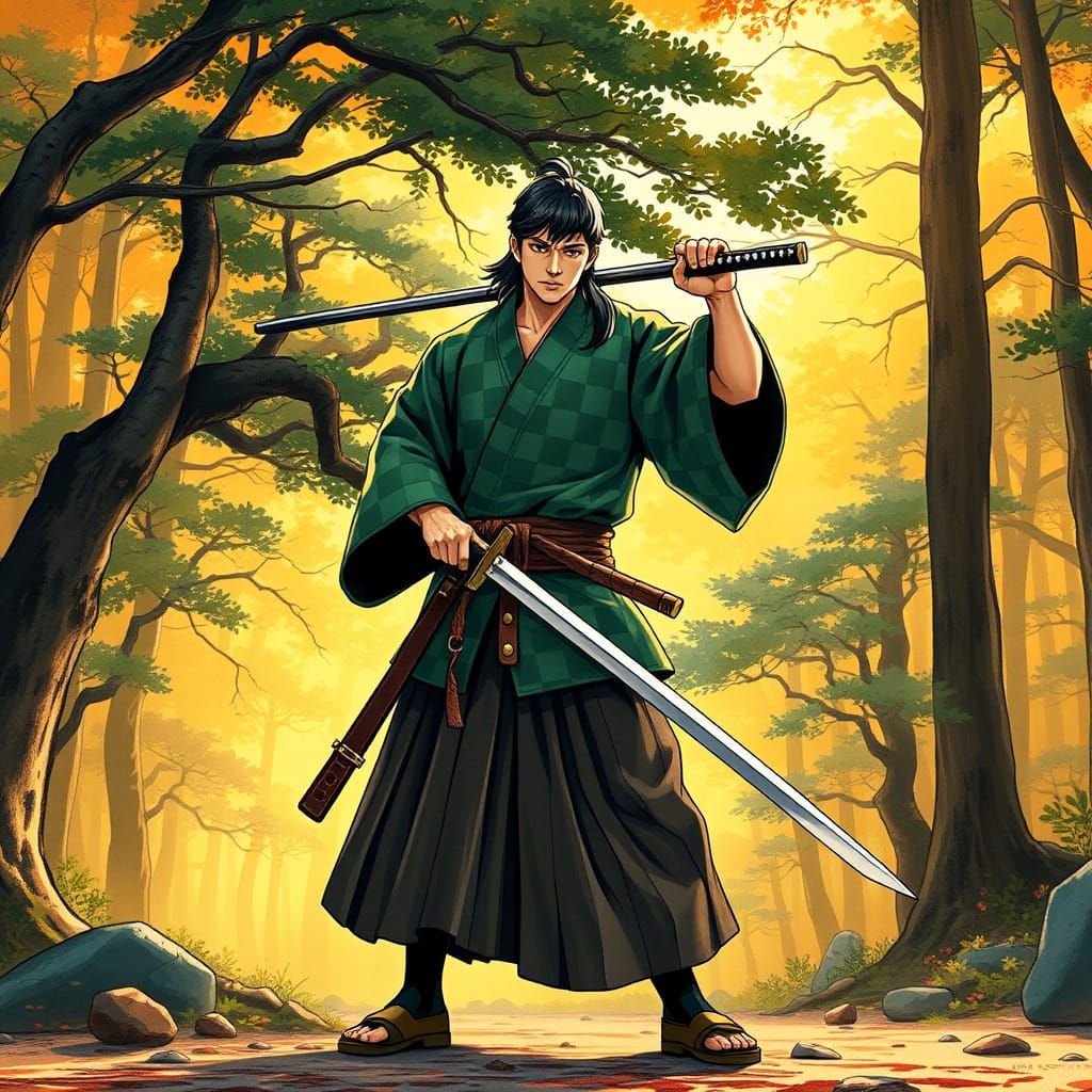 Heroic Tanjiro Kamado in Japanese Forest