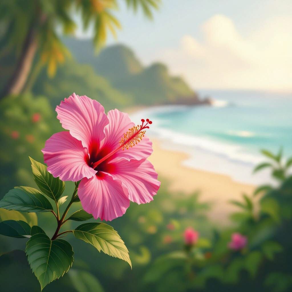 Vibrant Pink Hibiscus in Misty Tropical Rainforest and Beach