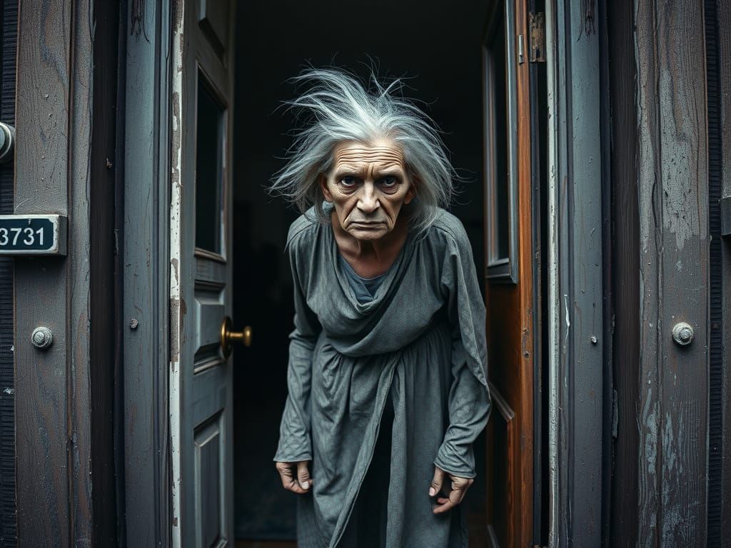 Eerie Close-Up: Wrinkled Woman in Dilapidated Doorway