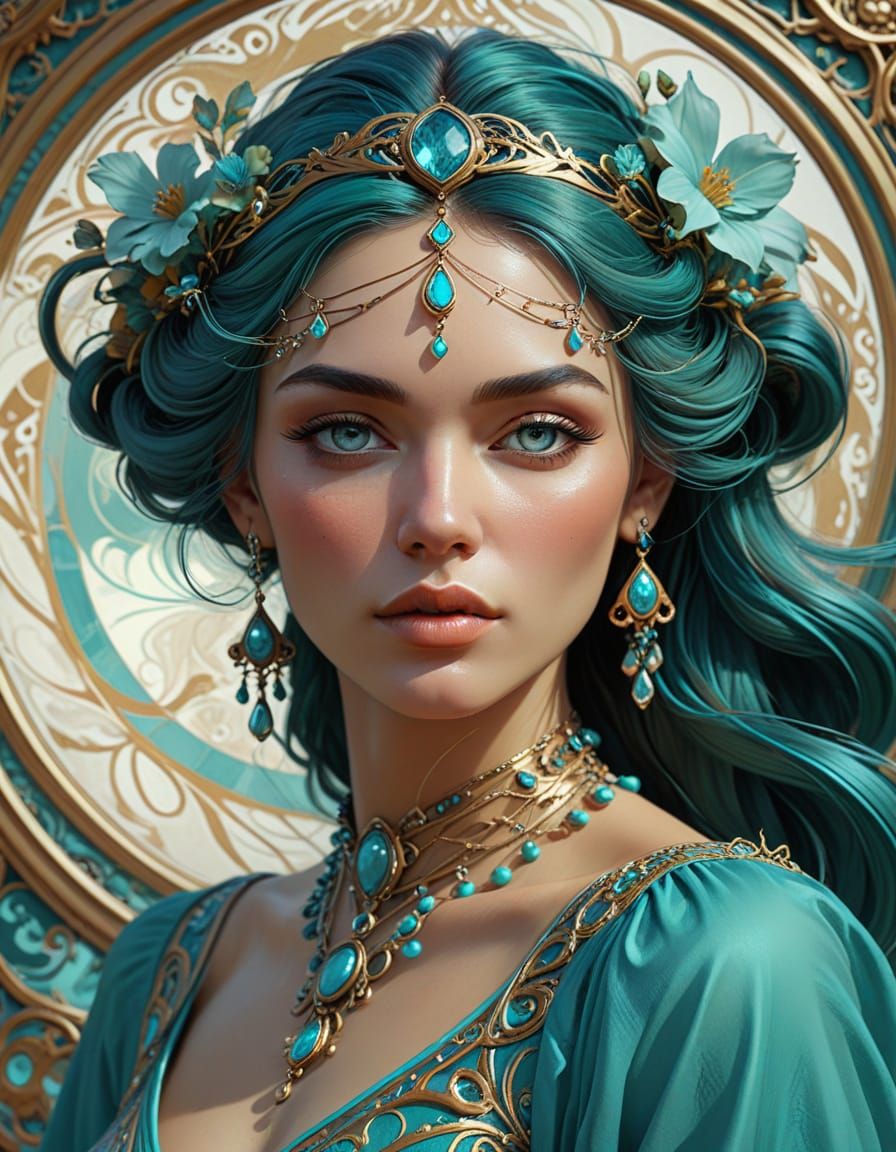Art Nouveau Woman with Turquoise Jewelry