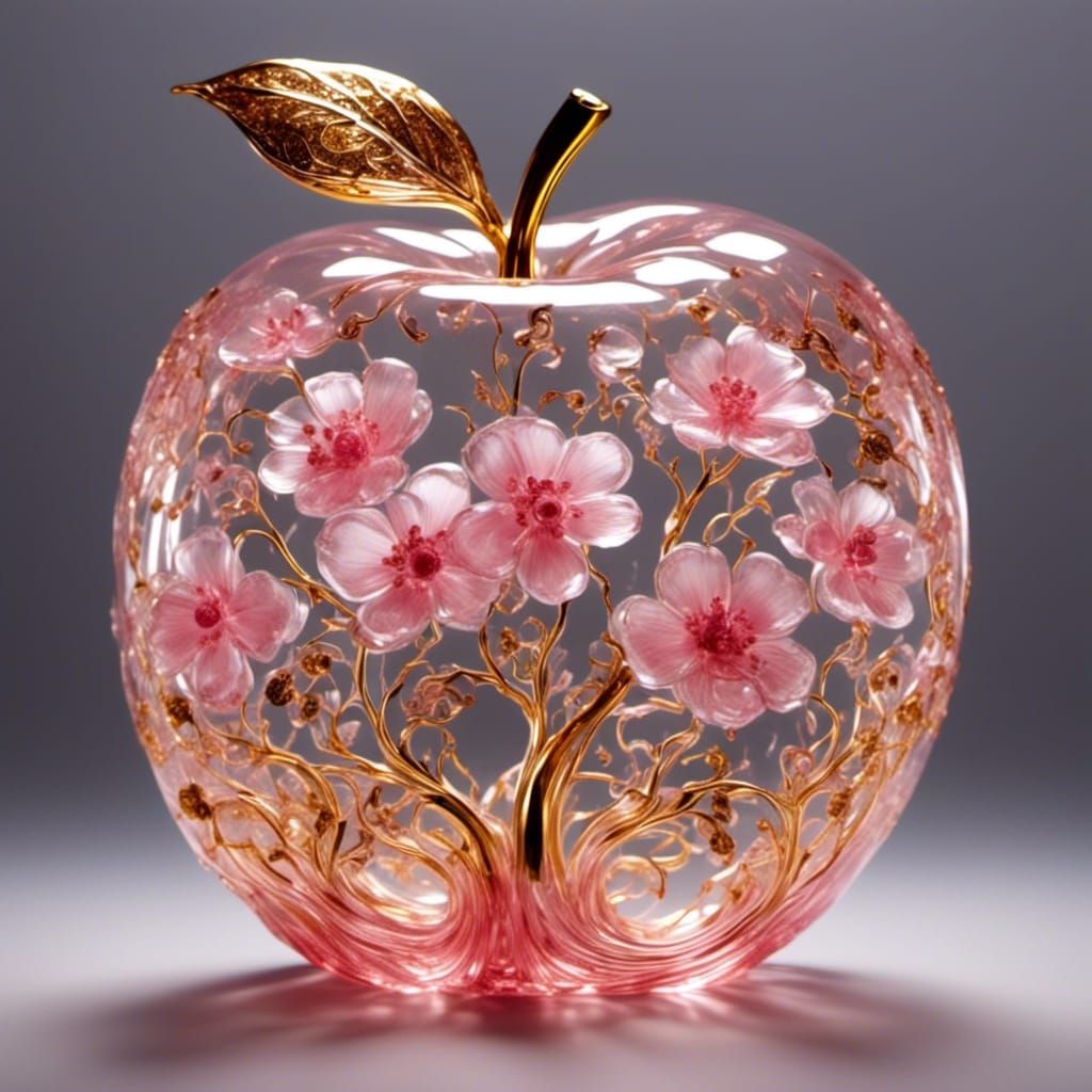 Gilded Translucent Apple with Pink Flower, Hyperrealism