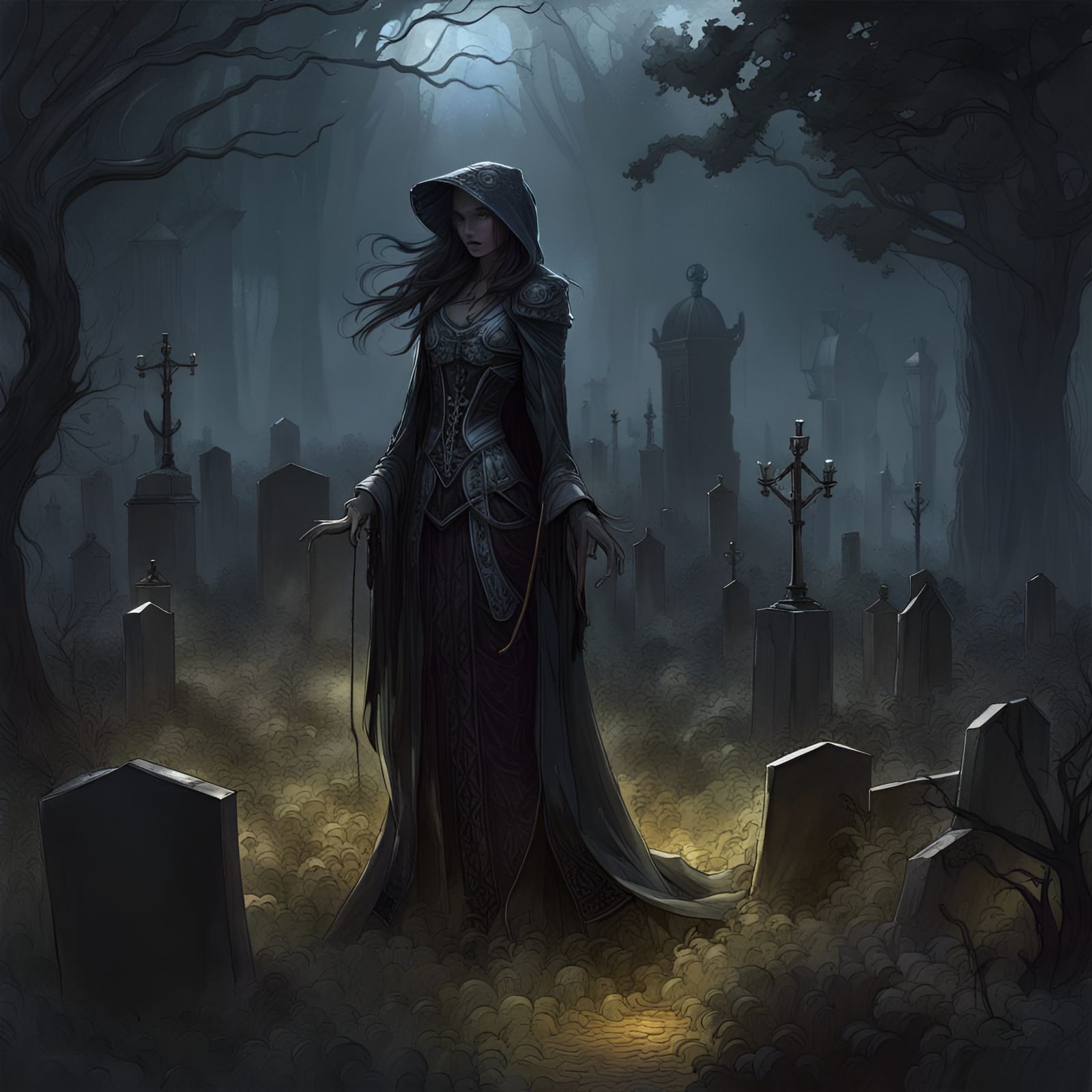 Graveyard Shadow Figures: Hyperdetailed Digital Illustration