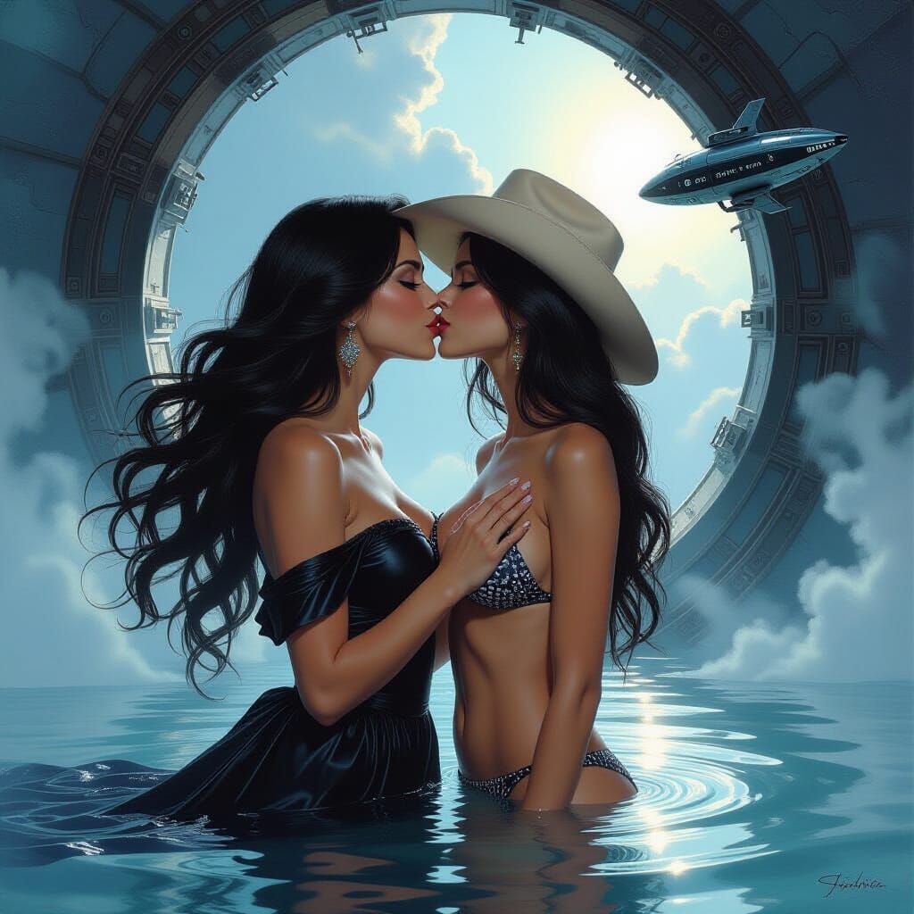 Ethereal Embrace: Women and Spaceship in Hyperdetailed Oil P...