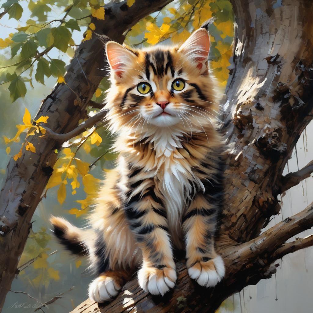 Kitten in Oak Tree, Romantic Realism Style