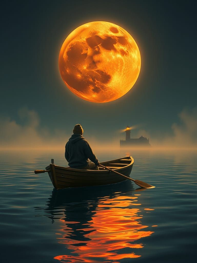 Fisherman Under Red Moon in Romantic Style