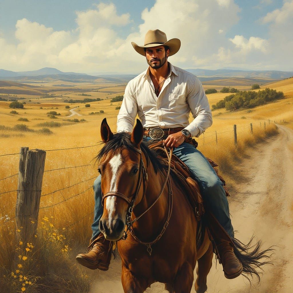 Rugged Latino Cowboy Rides Majestically Down Dirt Road