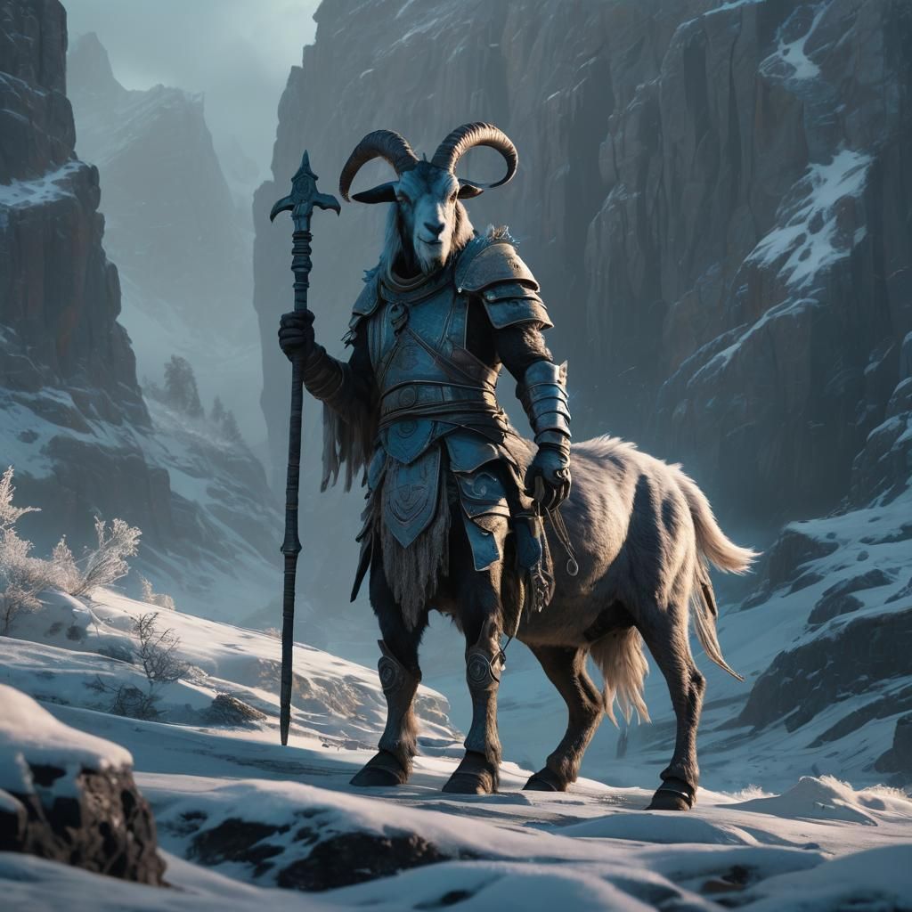 Epic Goat Warrior in Frost Lands, Digital Art
