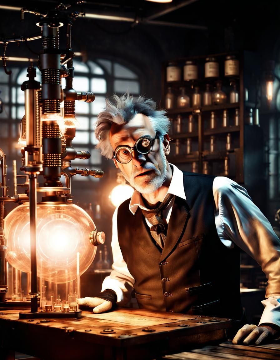 Mad Scientist in Steampunk Lab, 3D Art