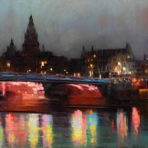 Pink Bridge at Night in Impasto Oil Painting Style
