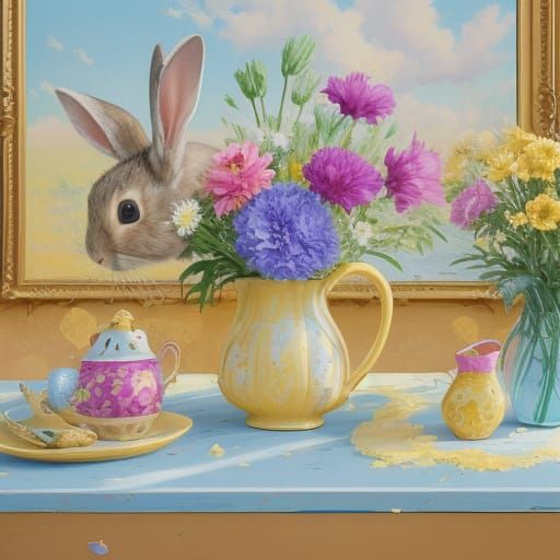 Whimsical Bee Rabbit in a Vibrant Still Life