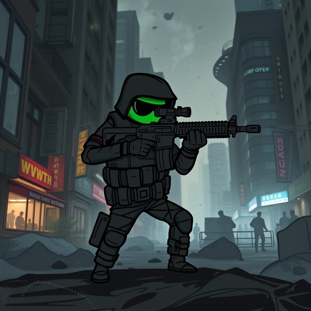 Tactical Dystopian Operative in Dark Urban Landscape