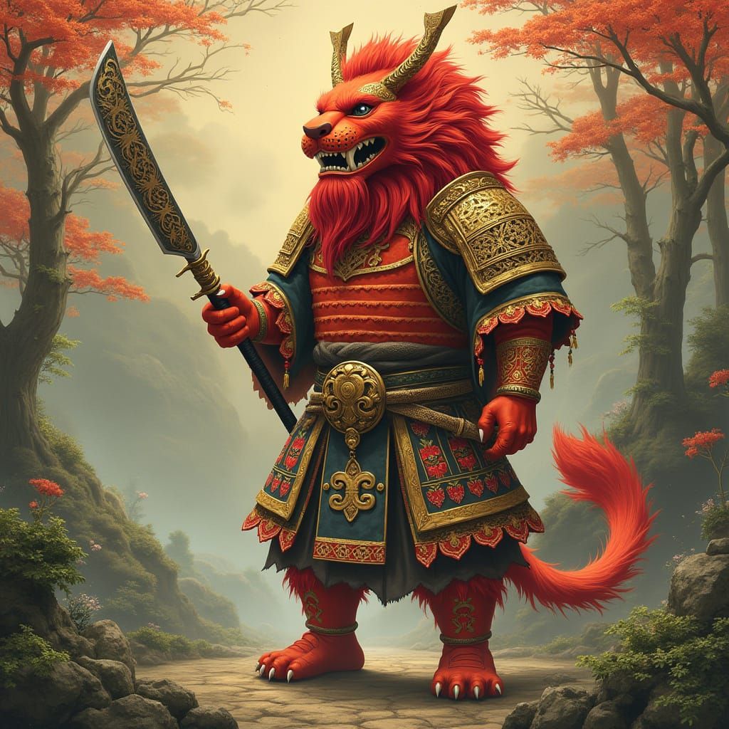 Lionfolk Samurai in Traditional Japanese Garden