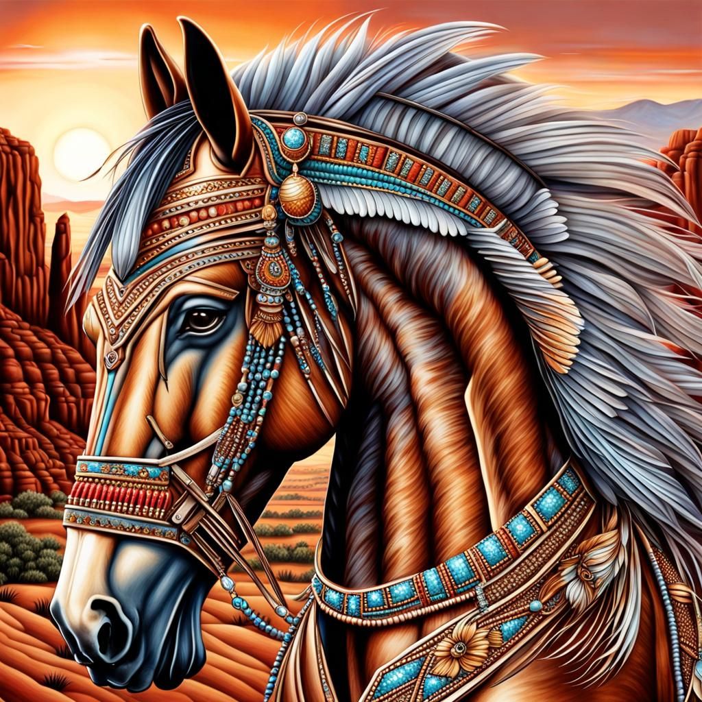 Indian Horse with Feathers and Beads at Sunrise