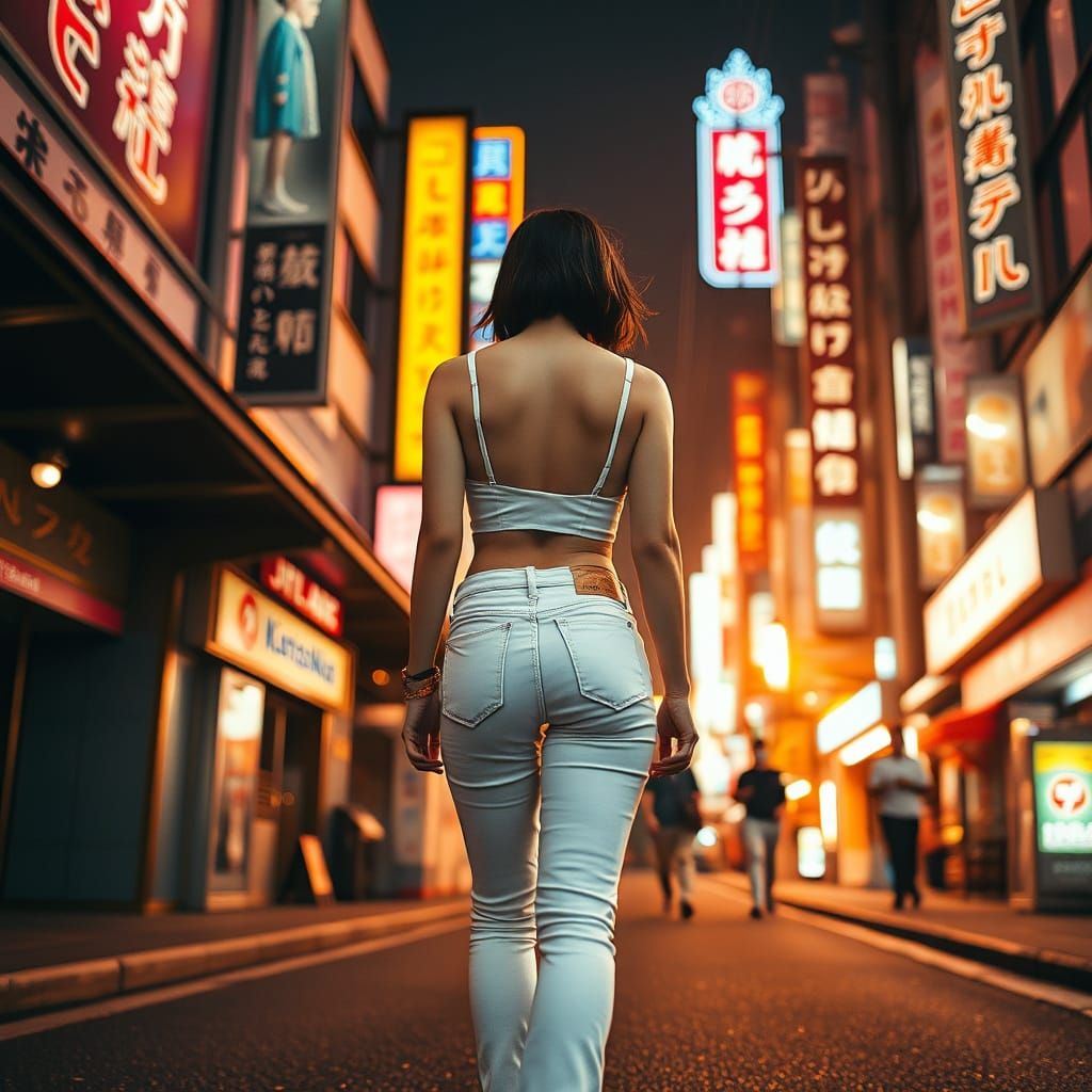 Tokyo Street Scene with Japanese Woman in Neon Lights