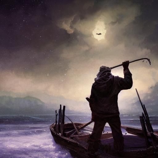 Fisherman Under Starry Night Sky, Dark Fantasy Art