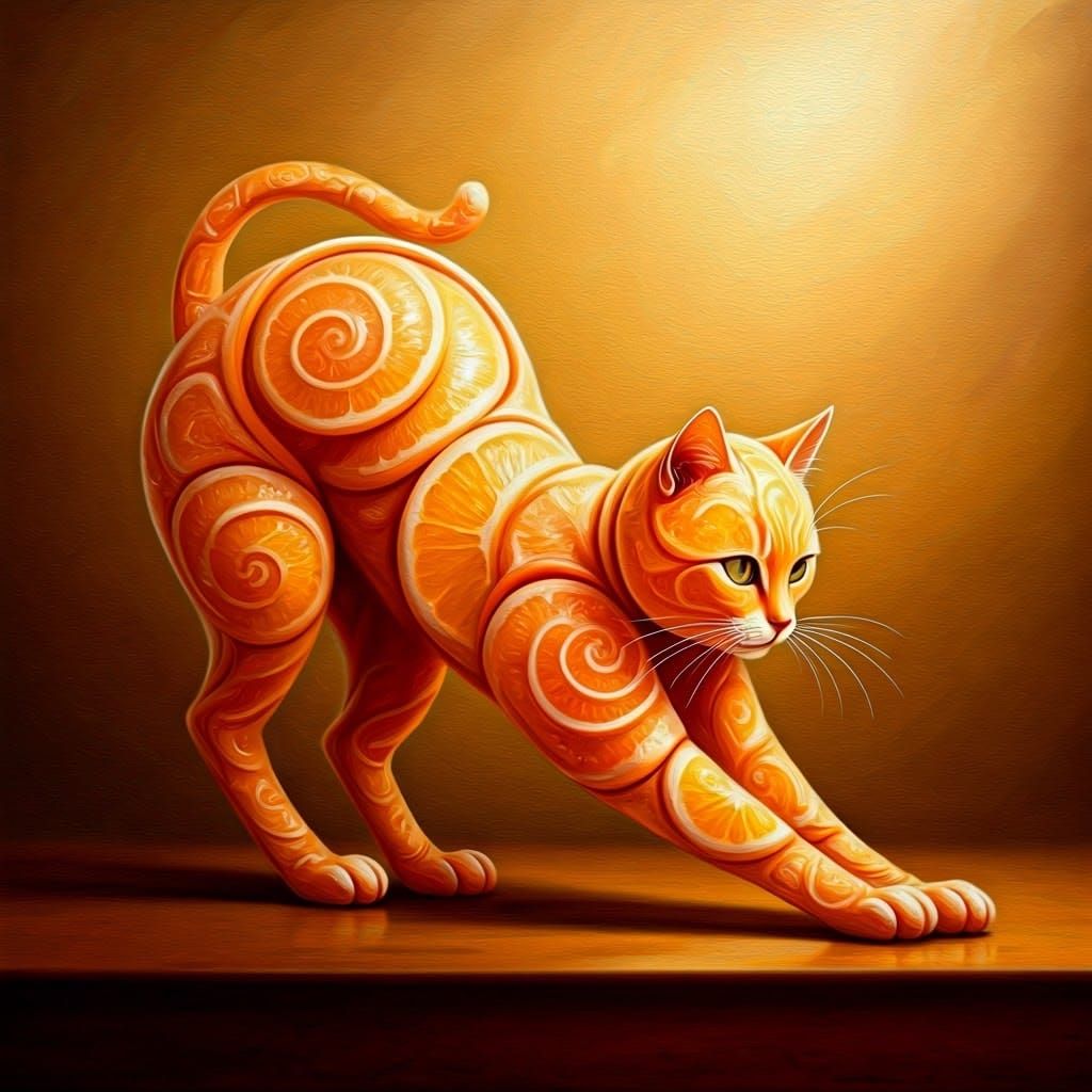 Whimsical Grapefruit Cat in Balletic Stretch