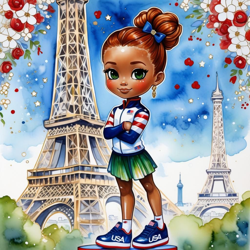 airbrush alcohol ink illustration of a chibi woman with aubu...