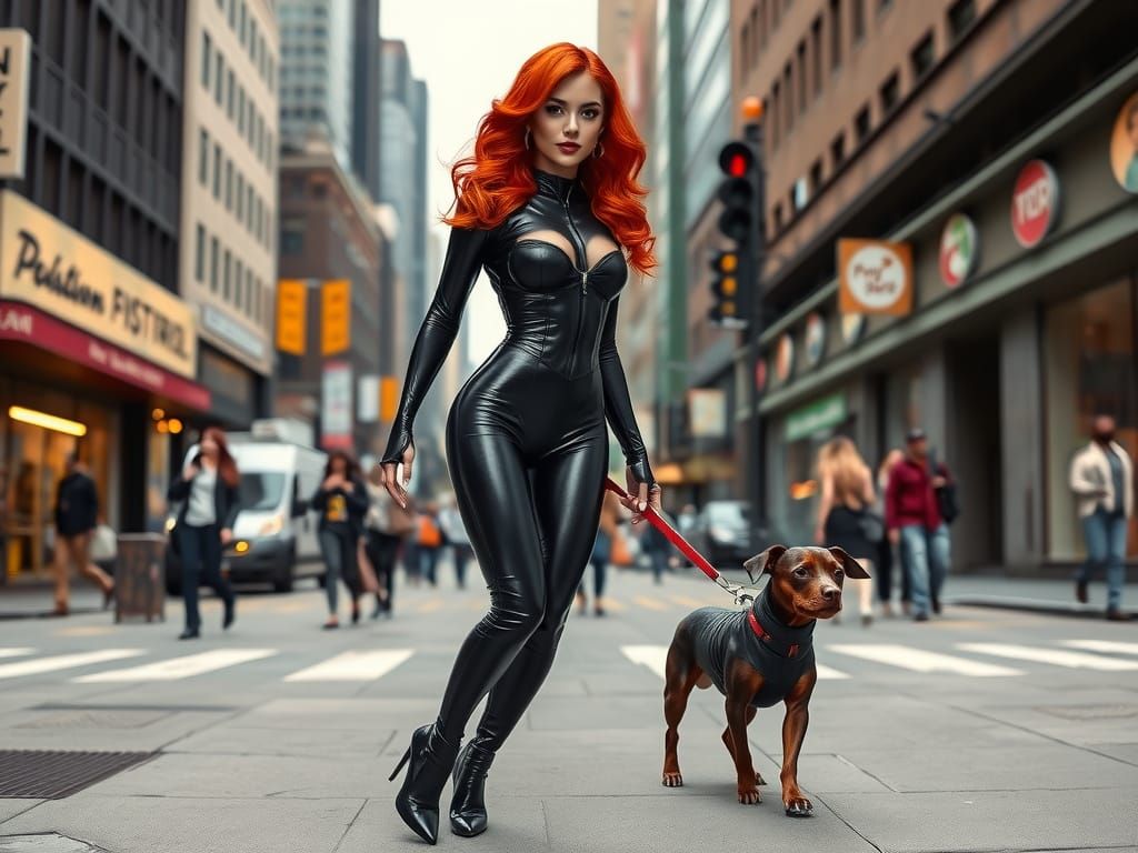 A 25 year old woman with long red hair, wearing a latex catsuit and high heels, walks down the street. Her dog, wearing ...