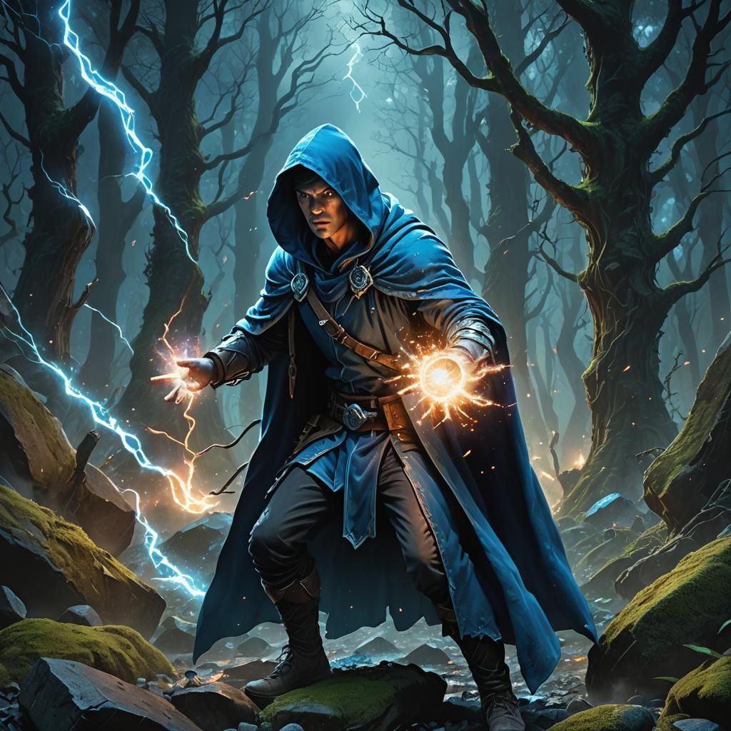 A blue mage fighting in the forest.